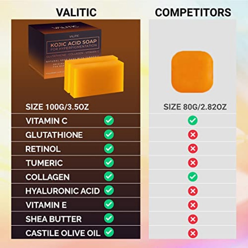 과다 색소 침착을 위한 VALITIC 코직산 비누 - 글루타티온, 콜라겐 및 비타민 C 함유 - 심황 함유 천연 비누 바 - 다크 스팟 교정을 위한 오리지널 일본 복합물 - 2 팩