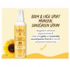 Babo Botanicals 수영 & 스포츠 미네랄 선스크린 스프레이 SPF 30 - 천연 산화아연 - 얼굴 및 바디 - 모든 연령대용 - 피부과 테스트 완료 - 잔인함 방지 - 무향 - 방수