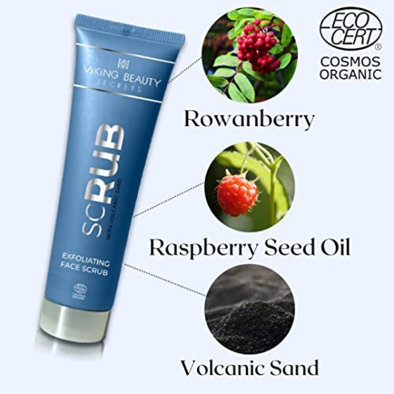 Viking Beauty Secrets 페이스 스크럽 - 아이슬란드 검은 화산 모래와 로완베리를 함유한 유기농 각질 제거 세안제 - 모든 피부 타입을 위한 부드러운 페이스 각질 제거제 - 2 Fl Oz