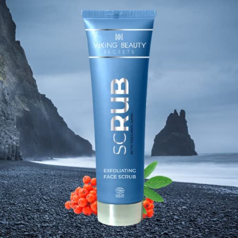 Viking Beauty Secrets 페이스 스크럽 - 아이슬란드 검은 화산 모래와 로완베리를 함유한 유기농 각질 제거 세안제 - 모든 피부 타입을 위한 부드러운 페이스 각질 제거제 - 2 Fl Oz