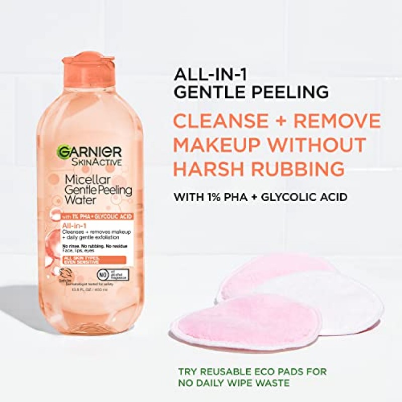 Garnier SkinActive Micellar 젠틀 필링 워터(1% PHA 및 글리콜산 함유), 페이셜 클렌저 및 메이크업 리무버, 2팩