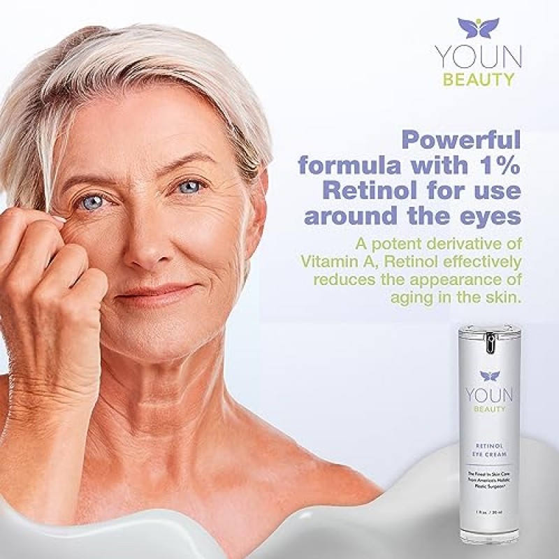YOUN Beauty 1% 레티놀 아이 크림 by Holistic Dr. Anthony Youn – 레티놀 및 히알루론산 함유 파라벤 프리 안티 에이징 나이트 아이 크림 – 수분 공급 및 피부 퍼밍을 위한 눈 밑 크림, 1 Fl Oz