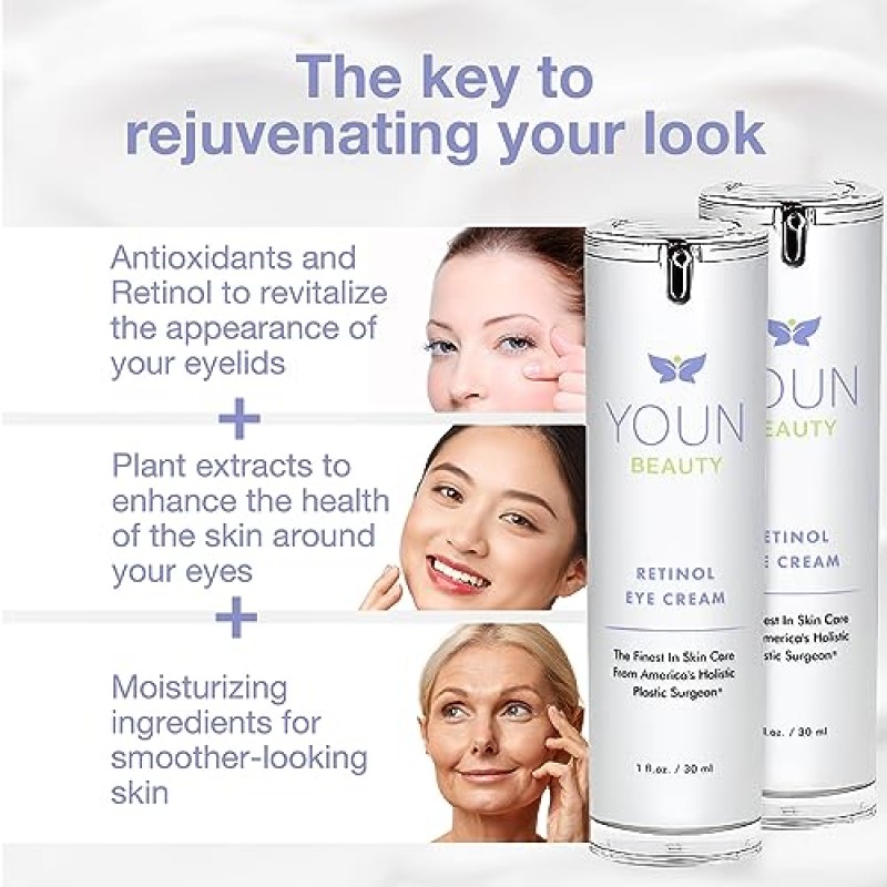YOUN Beauty 1% 레티놀 아이 크림 by Holistic Dr. Anthony Youn – 레티놀 및 히알루론산 함유 파라벤 프리 안티 에이징 나이트 아이 크림 – 수분 공급 및 피부 퍼밍을 위한 눈 밑 크림, 1 Fl Oz
