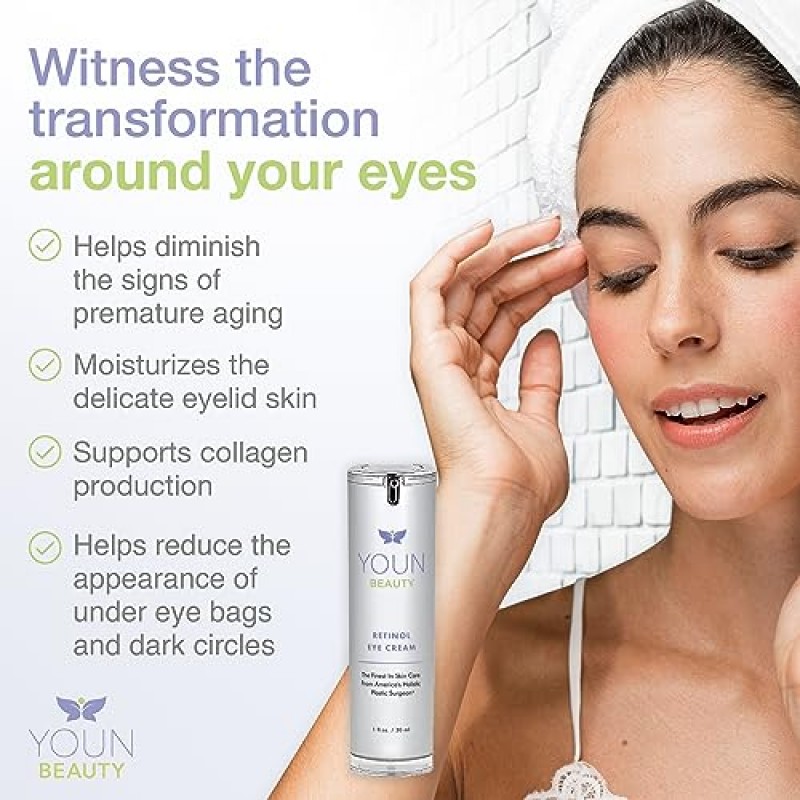 YOUN Beauty 1% 레티놀 아이 크림 by Holistic Dr. Anthony Youn – 레티놀 및 히알루론산 함유 파라벤 프리 안티 에이징 나이트 아이 크림 – 수분 공급 및 피부 퍼밍을 위한 눈 밑 크림, 1 Fl Oz