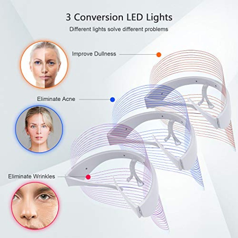 NUFR LED 페이스 마스크 라이트 테라피 USB 케이블이 포함된 얼굴 광자 미용 장치 얼굴 회춘, 주름 감소, 노화 방지를 위한 3가지 색상 LED 스킨케어 마스크