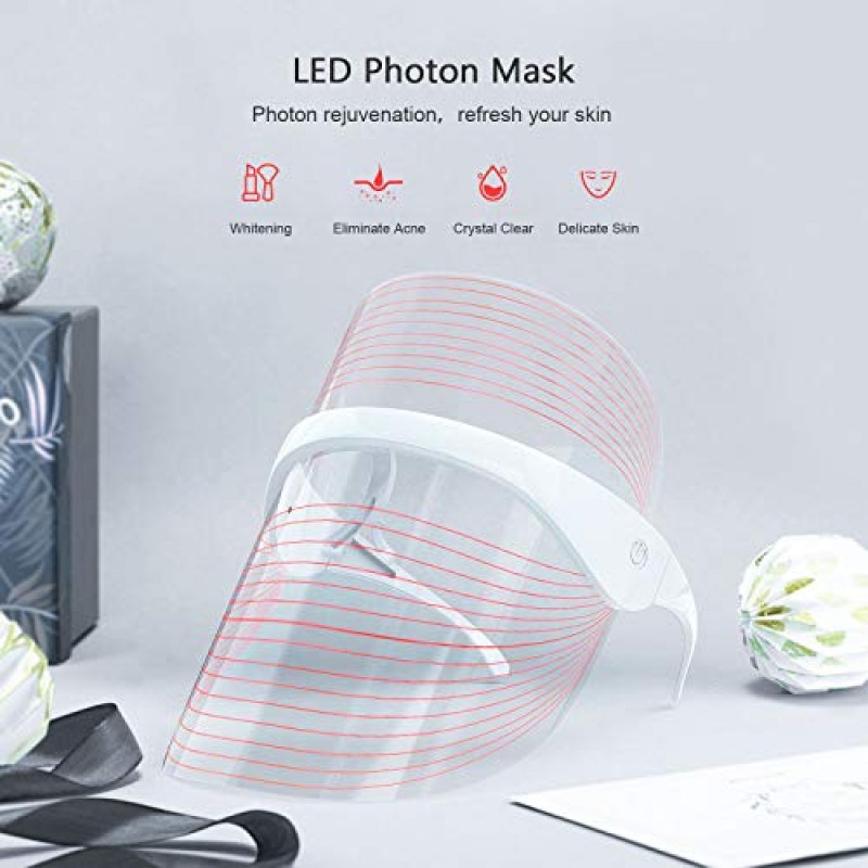 NUFR LED 페이스 마스크 라이트 테라피 USB 케이블이 포함된 얼굴 광자 미용 장치 얼굴 회춘, 주름 감소, 노화 방지를 위한 3가지 색상 LED 스킨케어 마스크