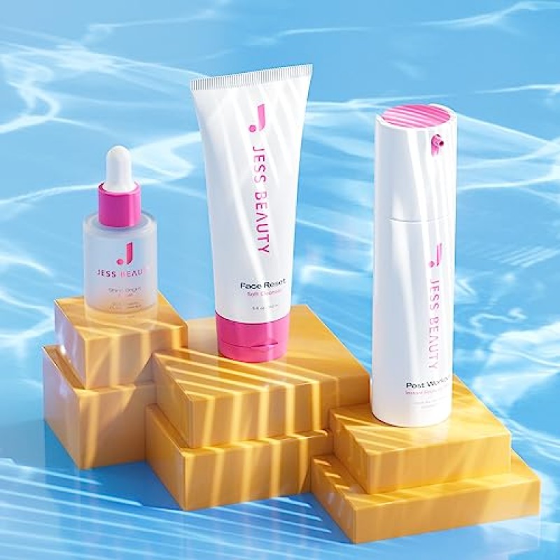 Jess 뷰티 페이스 리추얼 번들, 페이스 리셋 클렌저 5 fl. oz, 샤인 브라이트 세럼 1 fl. oz, 운동 후 젤 마스크 1.7 fl. 온스