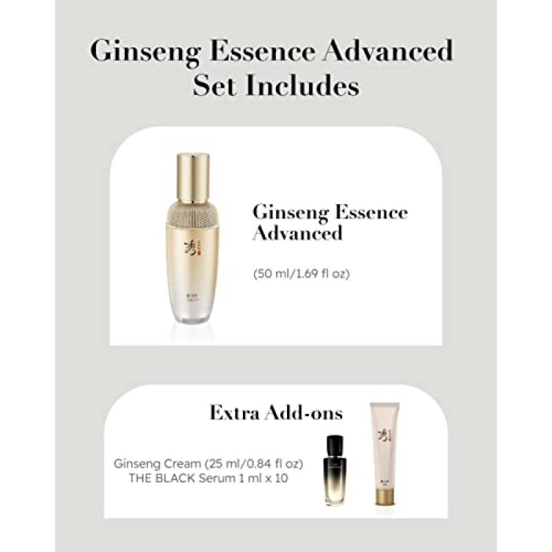수려한 진생 에센스 어드밴스드 세트 (85 ml/2.87 fl oz) by LG BEAUTY - 주름/잔주름을 완화하고 균일한 피부 톤을 선사합니다. 인삼복합체, 진세노사이드