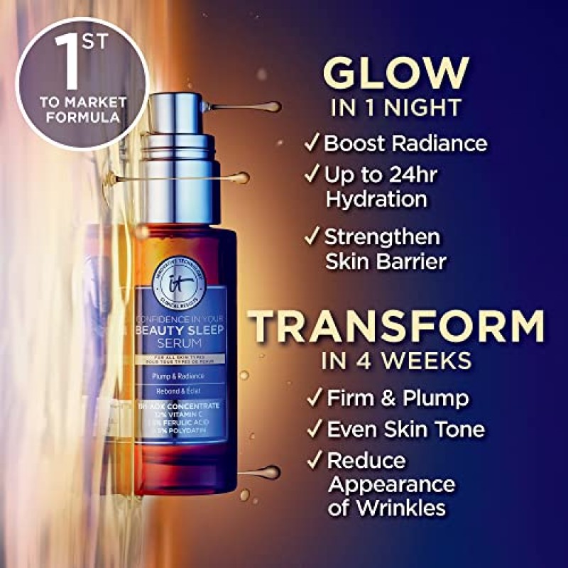 IT Cosmetics Confidence in Your Beauty 수면 삼중 항산화 브라이트닝 세럼 - 24시간 수분 공급 - 노화 방지 - 12% 비타민 C 세럼 - 무향 - 모든 피부 타입, 1.0 fl. 온스