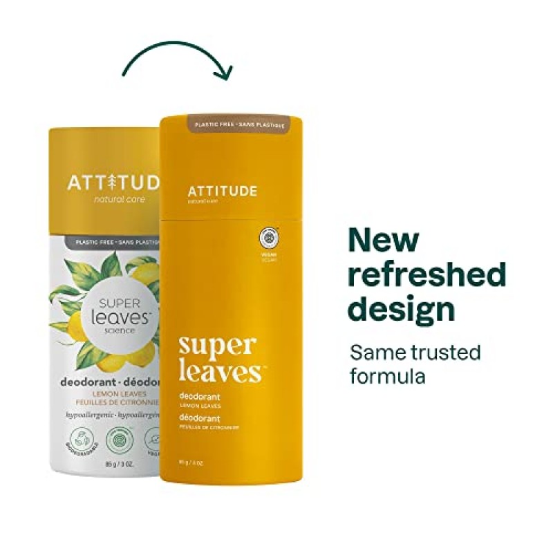 ATTITUDE 플라스틱 무함유 데오도란트, EWG 인증, 알루미늄 무함유, 식물 및 미네랄 기반 성분, 비건 및 동물 실험을 하지 않은 개인 관리 제품, 레몬 잎, 3온스(6팩)