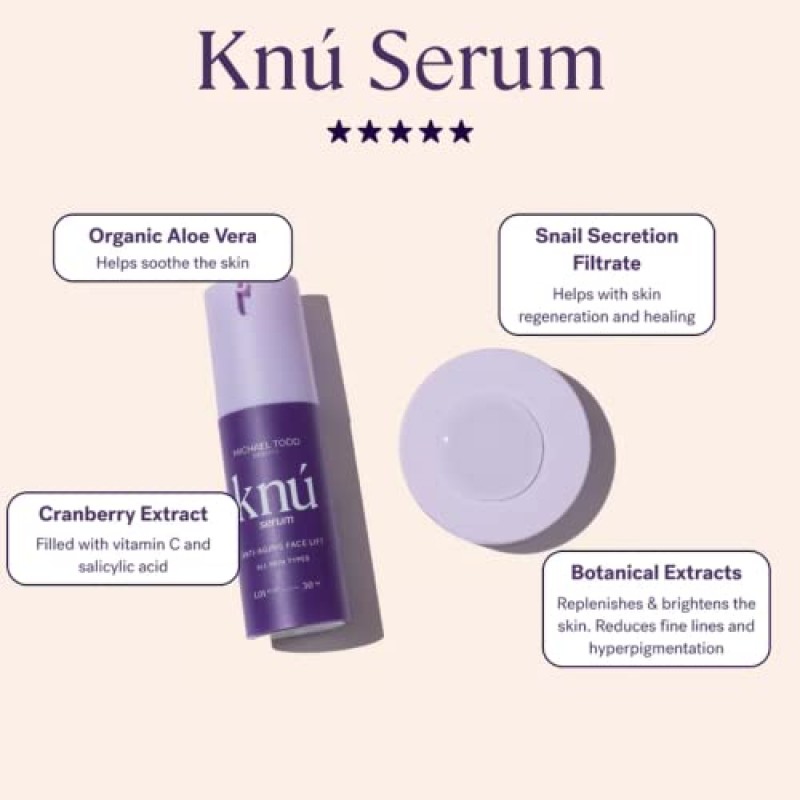 Michael Todd Beauty KNU 세럼 – 페이스 리프팅, 브라이트닝 & 타이트닝 세럼 – 회복 및 활력 회복용 – 알로에 베라, SSF, 펩타이드 및 식물 추출물 함유 – 모든 피부 타입용 – 1.01 fl oz/30 mL