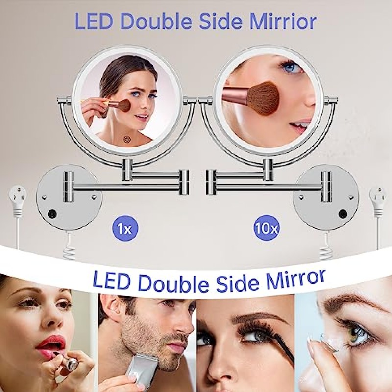 조명이 있는 COSMIRROR 확대 거울 - 8인치 벽걸이형 화장 거울, 양면 1X/10X 배율, 3가지 색상 조명 및 무단계 조광, 360° 자유 회전 확장 가능, 플러그인 AC 코드
