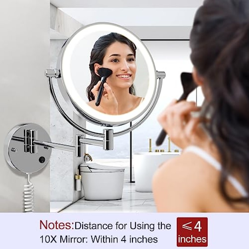조명이 있는 COSMIRROR 확대 거울 - 8인치 벽걸이형 화장 거울, 양면 1X/10X 배율, 3가지 색상 조명 및 무단계 조광, 360° 자유 회전 확장 가능, 플러그인 AC 코드
