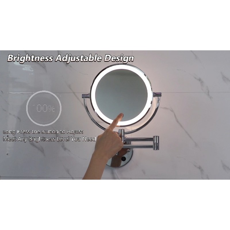 조명이 있는 COSMIRROR 확대 거울 - 8인치 벽걸이형 화장 거울, 양면 1X/10X 배율, 3가지 색상 조명 및 무단계 조광, 360° 자유 회전 확장 가능, 플러그인 AC 코드
