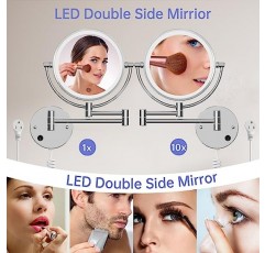 조명이 있는 COSMIRROR 확대 거울 - 8인치 벽걸이형 화장 거울, 양면 1X/10X 배율, 3가지 색상 조명 및 무단계 조광, 360° 자유 회전 확장 가능, 플러그인 AC 코드