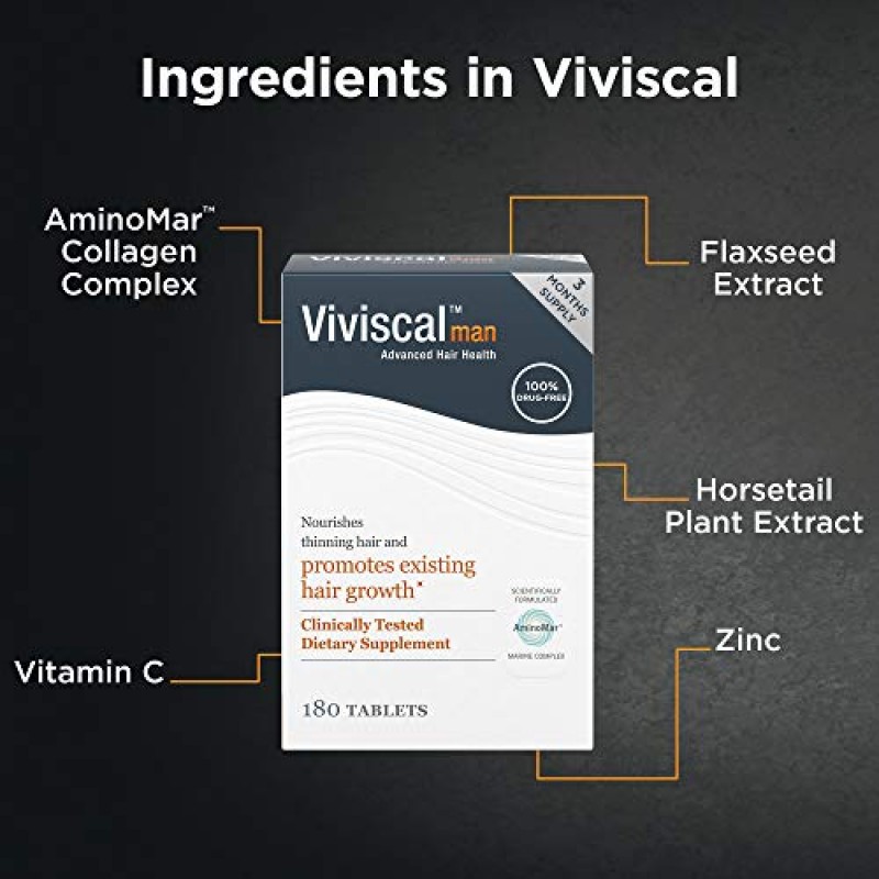 더 두껍고 풍성한 모발을 위한 Viviscal 남성용 모발 성장 보조제 독점 콜라겐 복합체 180정으로 임상적으로 입증됨 - 3개월분