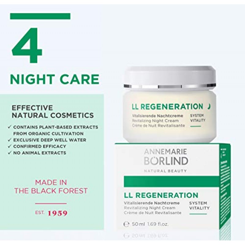 ANNEMARIE BÖRLIND - LL REGENERATION 리바이탈라이징 나이트 크림 - 눈에 띄게 탄력 있고 주름 없는 피부를 위한 천연 안티 에이징 비타민 C, E 및 레티노이드 페이스 크림 - 5-1.69온스 중 4단계.