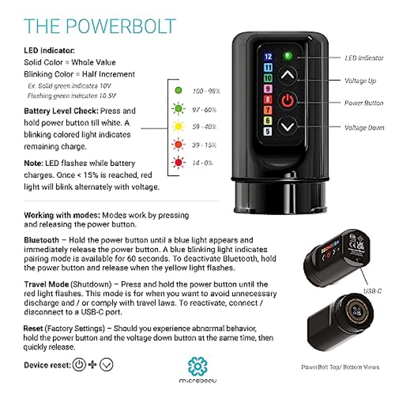 Microbeau - PowerBolt 1개가 포함된 Flux S 무선 문신 기계 - 스텔스 - 마이크로 블레이드 입술, 아이라이너 등을 위한 무선 문신 기계 펜