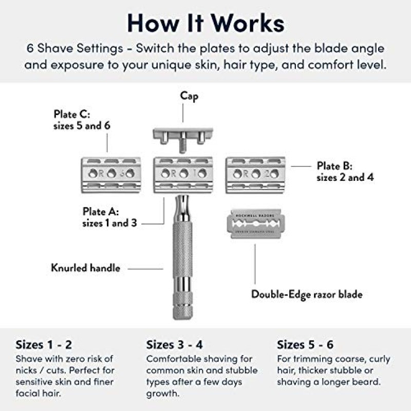 ROCKWELL RAZORS 6C 건메탈 크롬 더블 에지 안전 면도기, 6가지 조절 가능한 면도 설정과 5개의 블레이드 포함