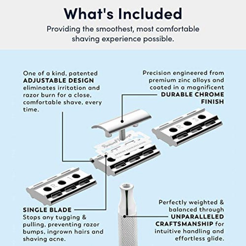 ROCKWELL RAZORS 6C 건메탈 크롬 더블 에지 안전 면도기, 6가지 조절 가능한 면도 설정과 5개의 블레이드 포함