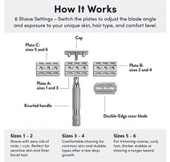 ROCKWELL RAZORS 6C 건메탈 크롬 더블 에지 안전 면도기, 6가지 조절 가능한 면도 설정과 5개의 블레이드 포함