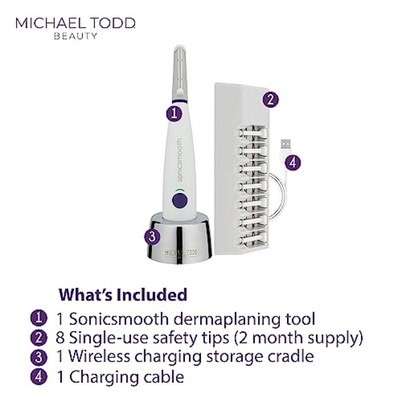 Michael Todd Beauty - Sonicsmooth - 피부 관리 도구 - 2 in 1 여성용 얼굴 각질 제거 및 복숭아 털 제모 시스템, 8주 안전 엣지