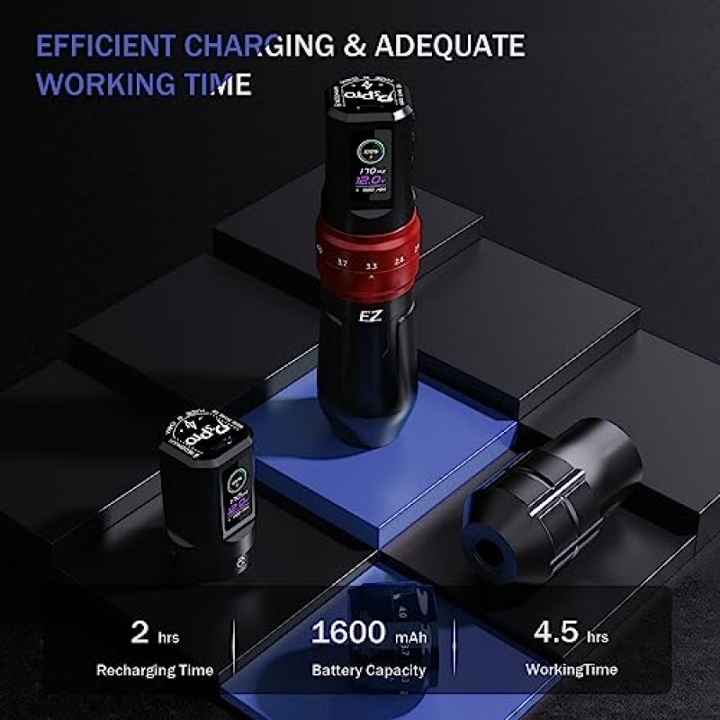EZ 전문 문신 펜 키트, P3 Pro 문신 총 키트 1600mAh 전원 공급 장치 및 카트리지 바늘이 포함된 6 스트로크 무선 문신 기계 펜 초보자 예술가를 위한 문신 잉크 검정색(광택 빨간색)