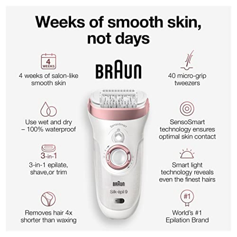 Braun 제모기 Silk-épil 9 9-720, 제모 장치, 여성용 제모기, 습식 및 건식, 여성용 면도기 및 트리머, 무선, 충전식