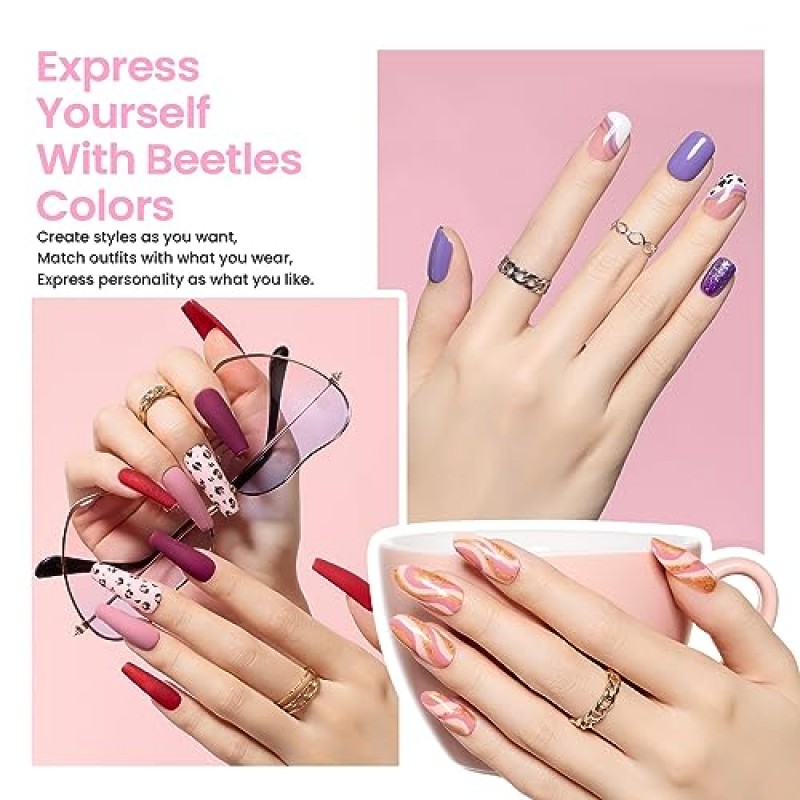 딱정벌레 젤 매니큐어 키트 자외선 52 Pcs 젤 스타터 키트 32 색상 핑크 레드 누드 그레이 글리터 브라운 젤 폴란드어 세트 담그기베이스 탑 코트 빌더 네일 젤 아트 매니큐어 키트 여성용