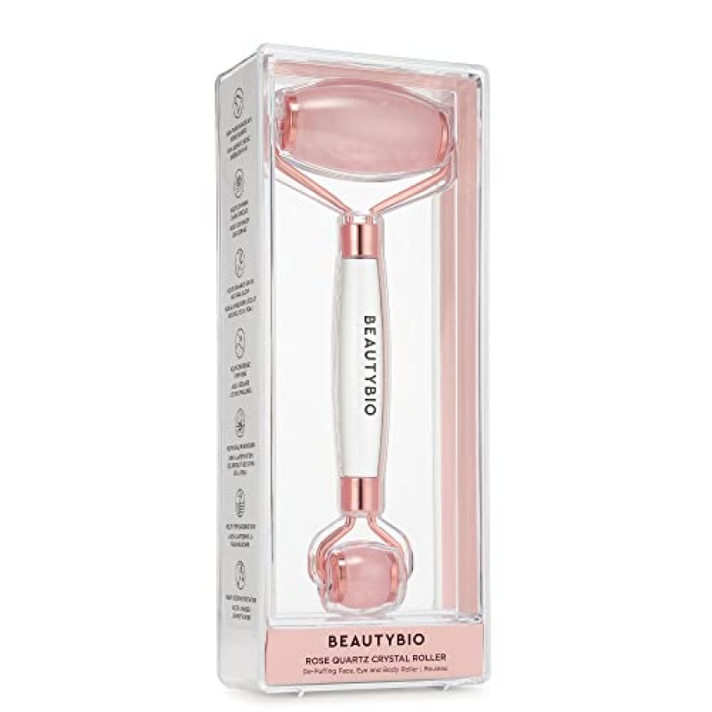 BeautyBio 석영 롤러 순수하고 지속 가능하게 수확된 브라질산 로즈 쿼츠 페이스, 아이 & 바디 롤러