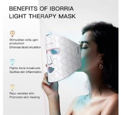 IBORRIA Led 페이스 마스크 라이트 테라피, 근적외선 레드 & 블루 & 옐로우 라이트 테라피, 유연한 실리콘 라이트 테라피 마스크, 얼굴용 레드 라이트 테라피, 가정용 페이스 마스크 스킨케어를 위한 레드 라이트 마스크