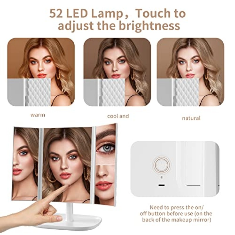 조명이 있는 화장대 거울, 3가지 색상 조명 모드 52 LED 삼중 휴대용 거울, 1X 2X 3X 배율, 터치 컨트롤, 듀얼 전원 공급 장치, 360도 조절 가능한 스탠드