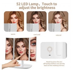 조명이 있는 화장대 거울, 3가지 색상 조명 모드 52 LED 삼중 휴대용 거울, 1X 2X 3X 배율, 터치 컨트롤, 듀얼 전원 공급 장치, 360도 조절 가능한 스탠드