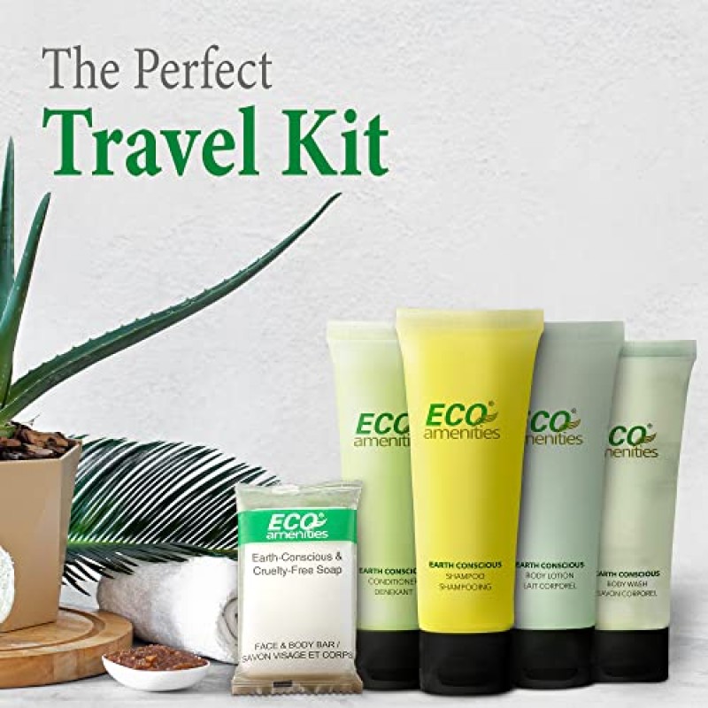 ECO 편의용품 150피스 호텔 세면도구 세트 - 5-in-1 여행 세면도구에는 30ml 샴푸, 컨디셔너, 바디 로션, 바디워시, 28g 비누(각각 30개)가 포함되어 있습니다. - 호텔, 에어비앤비 및 접객업에 적합합니다.