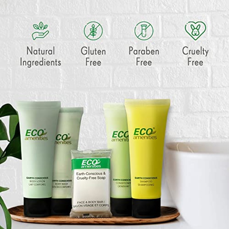 ECO 편의용품 150피스 호텔 세면도구 세트 - 5-in-1 여행 세면도구에는 30ml 샴푸, 컨디셔너, 바디 로션, 바디워시, 28g 비누(각각 30개)가 포함되어 있습니다. - 호텔, 에어비앤비 및 접객업에 적합합니다.