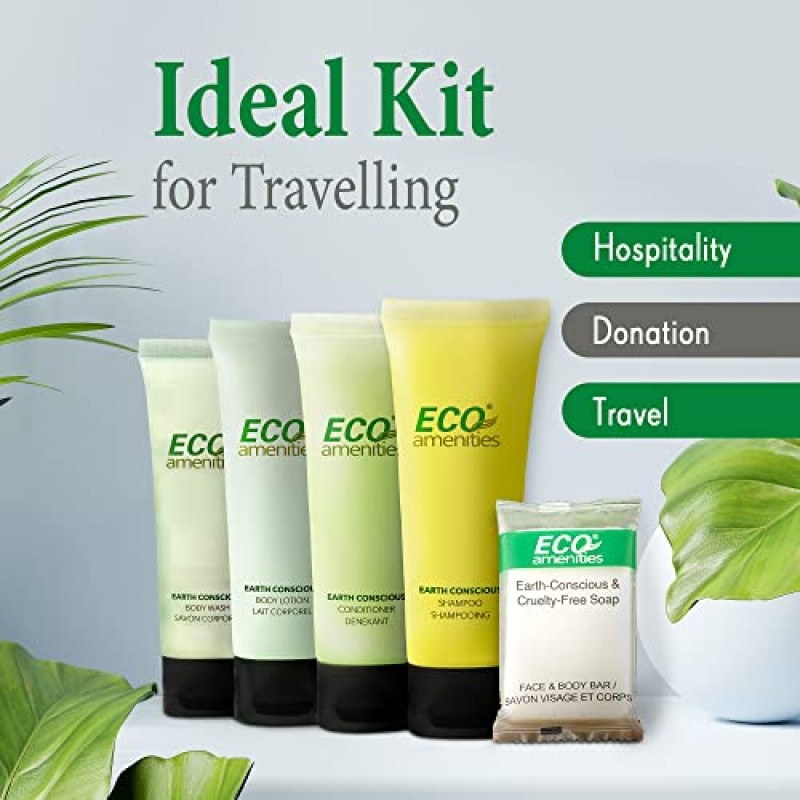 ECO 편의용품 150피스 호텔 세면도구 세트 - 5-in-1 여행 세면도구에는 30ml 샴푸, 컨디셔너, 바디 로션, 바디워시, 28g 비누(각각 30개)가 포함되어 있습니다. - 호텔, 에어비앤비 및 접객업에 적합합니다.