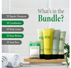 ECO 편의용품 150피스 호텔 세면도구 세트 - 5-in-1 여행 세면도구에는 30ml 샴푸, 컨디셔너, 바디 로션, 바디워시, 28g 비누(각각 30개)가 포함되어 있습니다. - 호텔, 에어비앤비 및 접객업에 적합합니다.