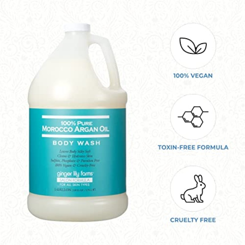 Ginger Lily Farms Salon Formula 모든 피부 타입을 위한 100% 순수 모로코 아르간 오일 바디 워시, 100% 비건 및 동물 실험을 하지 않음, 1갤런 리필(4개 팩)