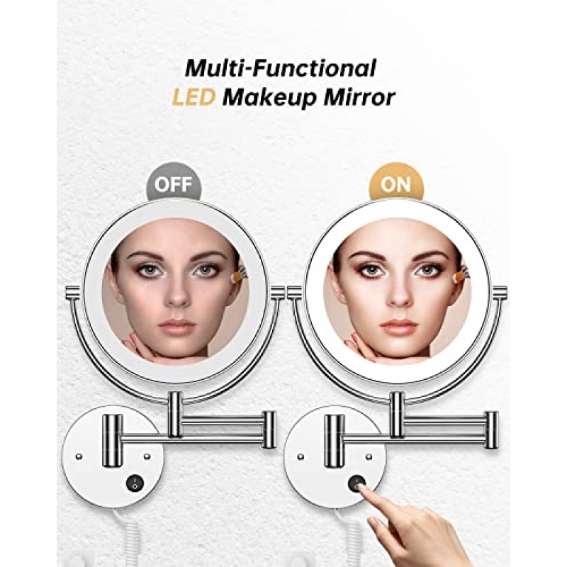 Gospire 8.5인치 LED 벽걸이 화장 거울 원형 양면 1X/10X 확대 화장 거울 조명 360도 회전 조명 화장 거울(8.5인치-10X, LED가 있는 크롬 거울)