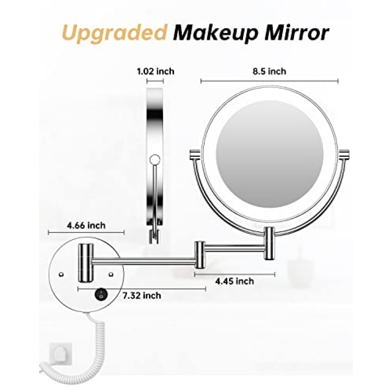 Gospire 8.5인치 LED 벽걸이 화장 거울 원형 양면 1X/10X 확대 화장 거울 조명 360도 회전 조명 화장 거울(8.5인치-10X, LED가 있는 크롬 거울)