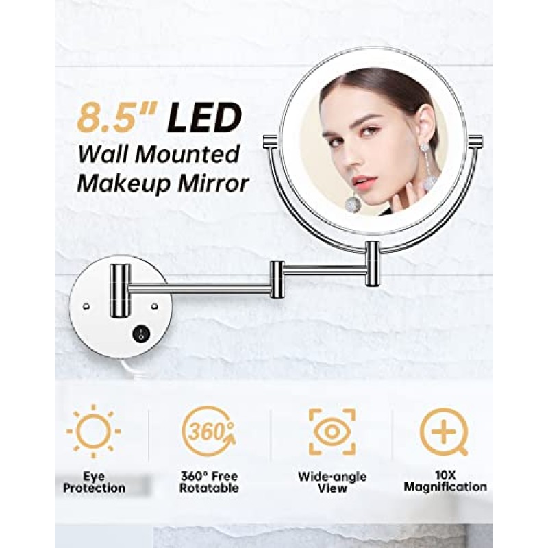 Gospire 8.5인치 LED 벽걸이 화장 거울 원형 양면 1X/10X 확대 화장 거울 조명 360도 회전 조명 화장 거울(8.5인치-10X, LED가 있는 크롬 거울)