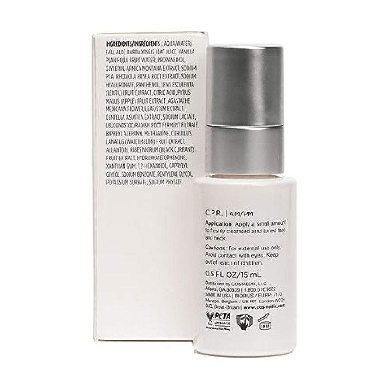 COSMEDIX CPR 스킨 리커버리 페이스 세럼 for 스킨 케어 - 민감하고 건조한 피부를 진정 및 보호합니다 - 얼굴 홍조 완화 - 페이셜 케어용 하이드레이팅 세럼 - 펩타이드, 로디올라, 아르니카 몬타나 함유