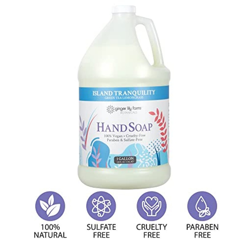 Ginger Lily Farms Botanicals 다용도 액체 손 비누 리필, Island Tranquility, 100% 비건 및 동물 실험을 하지 않음, 녹차 레몬그라스 향, 1갤런(4개 팩)