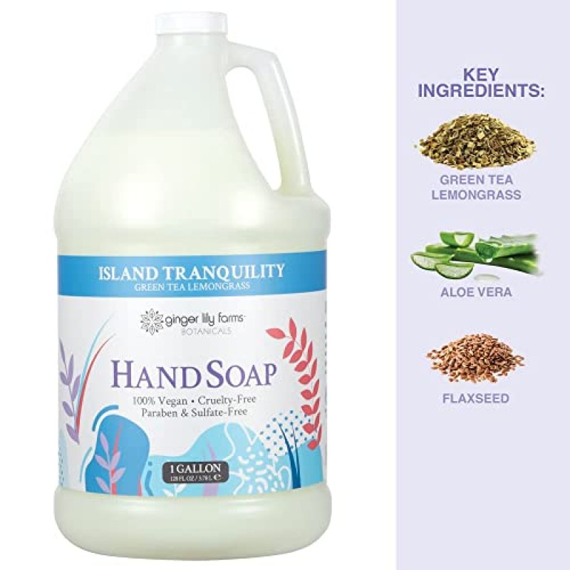 Ginger Lily Farms Botanicals 다용도 액체 손 비누 리필, Island Tranquility, 100% 비건 및 동물 실험을 하지 않음, 녹차 레몬그라스 향, 1갤런(4개 팩)