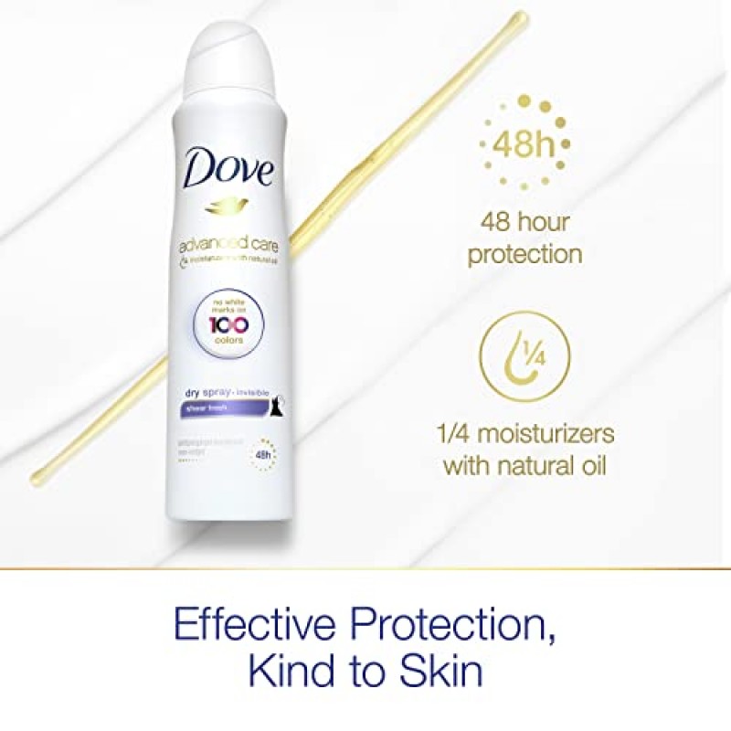 Dove Advanced Care 인비저블 드라이 스프레이 발한 억제제 데오도란트 100가지 색상에 흰색 자국 없음 시어 프레시 48시간 땀과 냄새를 보호하는 여성용 데오도란트 3.8온스, 12개 팩