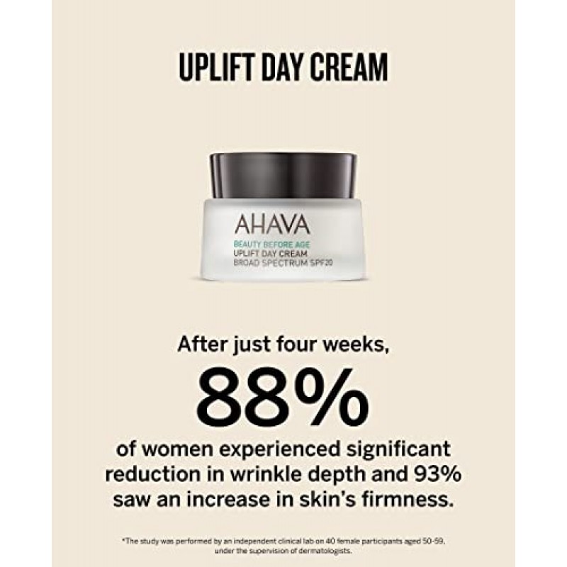 AHAVA 업리프트 데이 크림, 넓은 스펙트럼 SPF20 - 피부를 리프팅하고 탄력있게 가꾸어 주는 풍부한 수분 공급 크림, 깊은 주름을 완화하고 UVA/B 손상으로부터 보호, 독점적인 Osmoter & Tripeptide 38 함유, 1.7 Fl.Oz