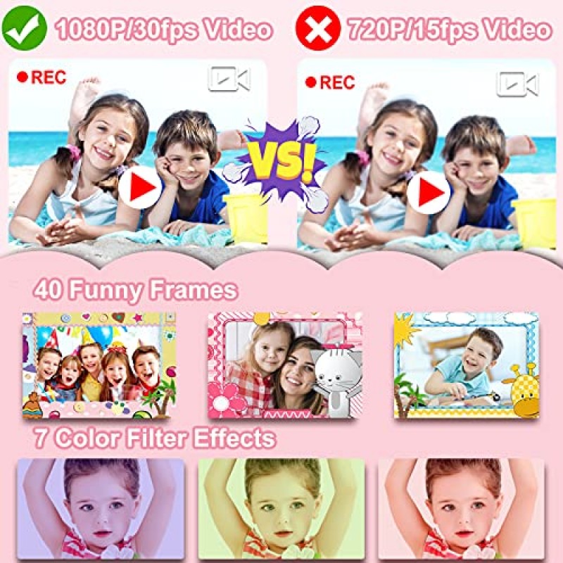 PROGRACE 어린이용 카메라 방수 선물 장난감 - 어린이용 디지털 비디오 카메라 어린이용 수중 카메라 1080P 캠코더 DV 유아용 카메라 소녀용 생일 학습 카메라 풀 장난감 연령 3-14