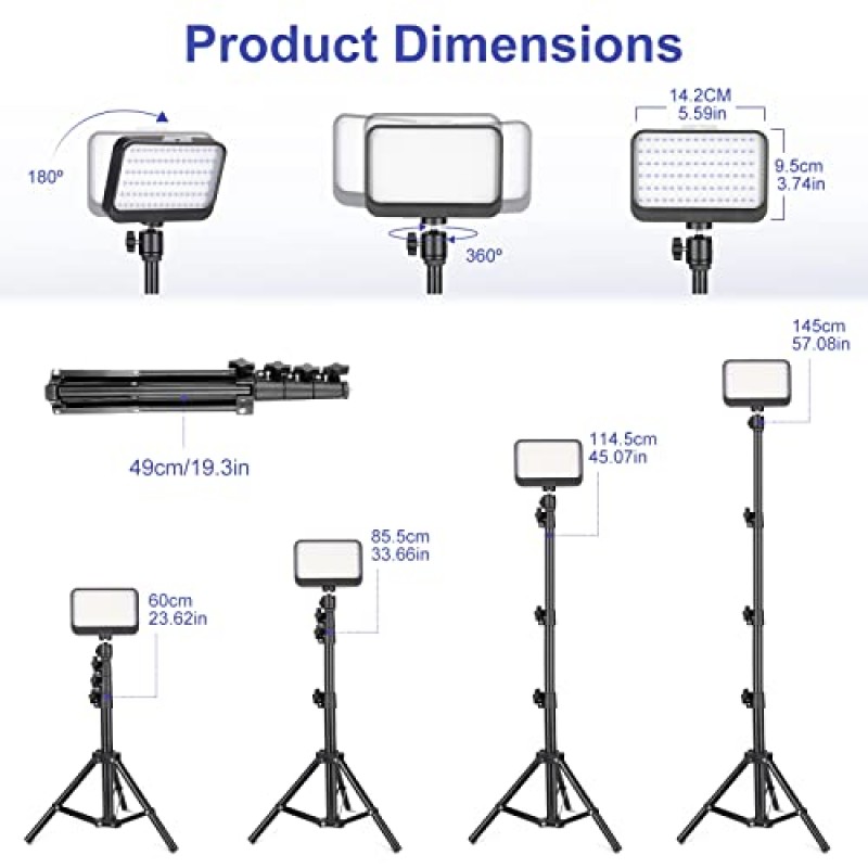 Torjim LED 비디오 조명 키트, 사진/회의 조명/라이브 스트리밍/블로깅/비디오 녹화/TikTok용 조정 가능한 삼각대 스탠드 및 5가지 컬러 필터가 있는 2PCS 사진 조명
