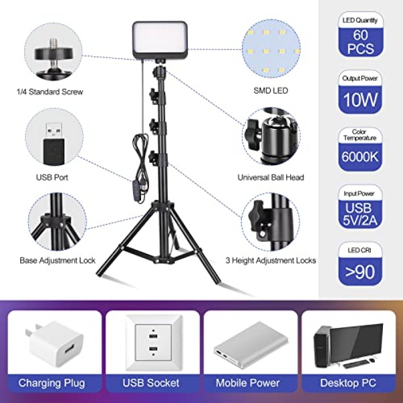 Torjim LED 비디오 조명 키트, 사진/회의 조명/라이브 스트리밍/블로깅/비디오 녹화/TikTok용 조정 가능한 삼각대 스탠드 및 5가지 컬러 필터가 있는 2PCS 사진 조명