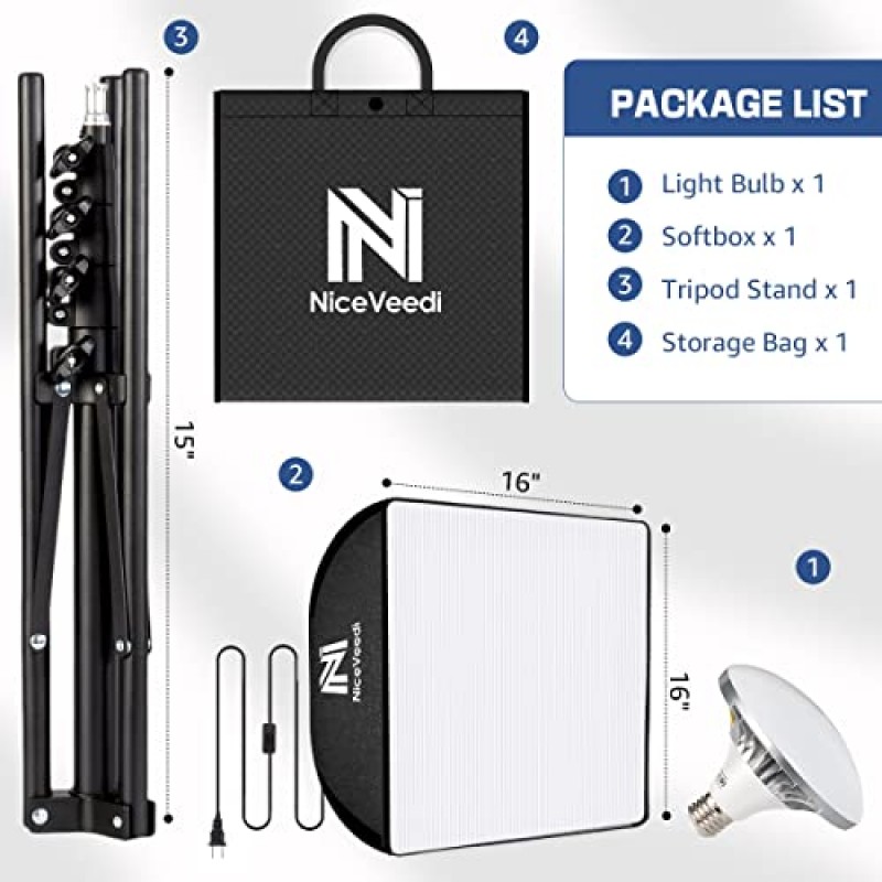 소프트박스 조명 키트, NiceVeedi 16' x 16' 소프트박스 사진 조명 키트, 63인치 삼각대 스탠드 및 50W / 5400K LED 전구, 사진/비디오 녹화/라이브 스트리밍을 위한 연속 조명